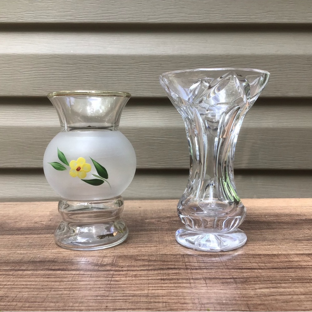 (2) VTG Small Vases, Lead Crystal  & Frosted w/ Hand Painted Flower, Pre 1960